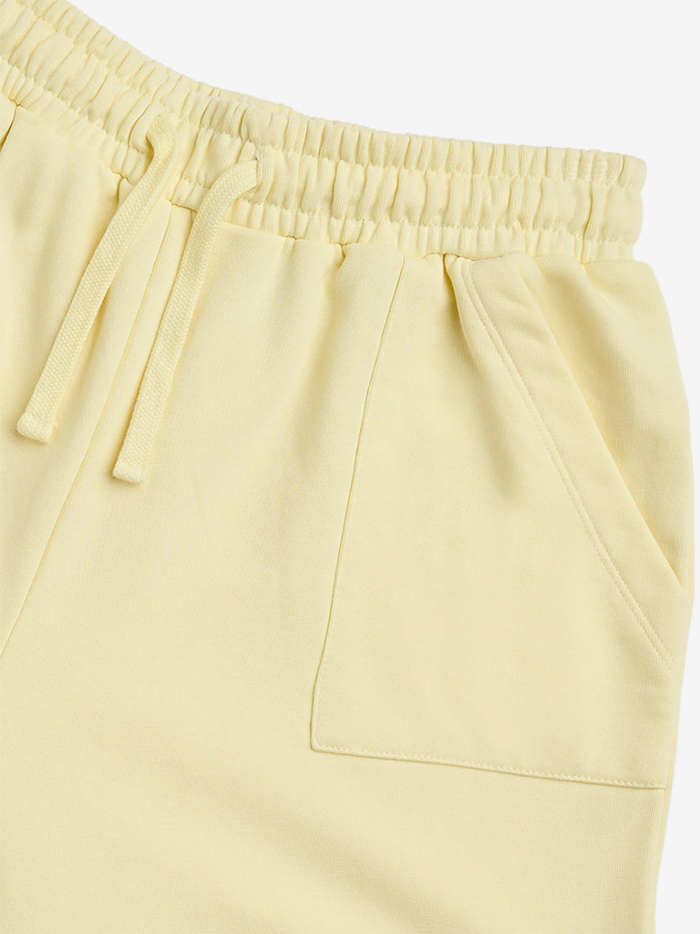 Y&F Kids Yellow Text Design High-Rise Cotton-Blend Shorts