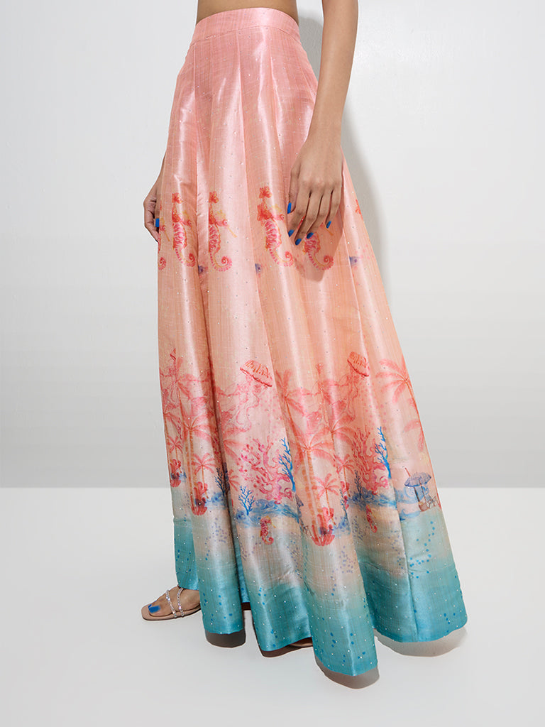 Vark Peach Tropical Printed High-Rise Skirt