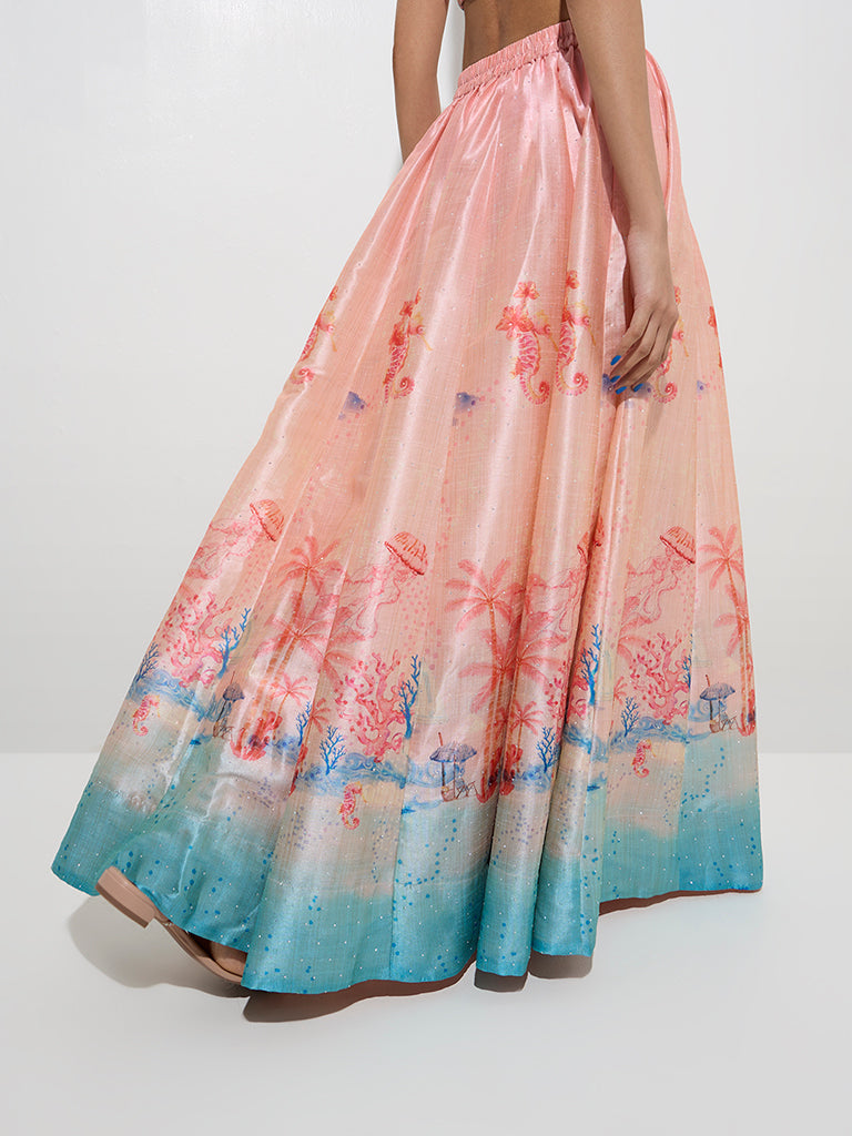 Vark Peach Tropical Printed High-Rise Skirt