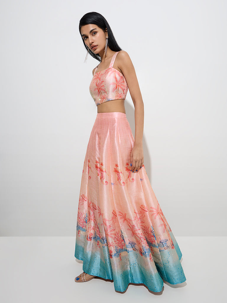 Vark Peach Tropical Printed High-Rise Skirt