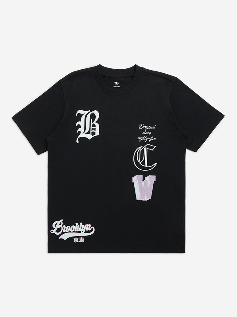 Y&F Kids Black Text Printed Cotton T-Shirt
