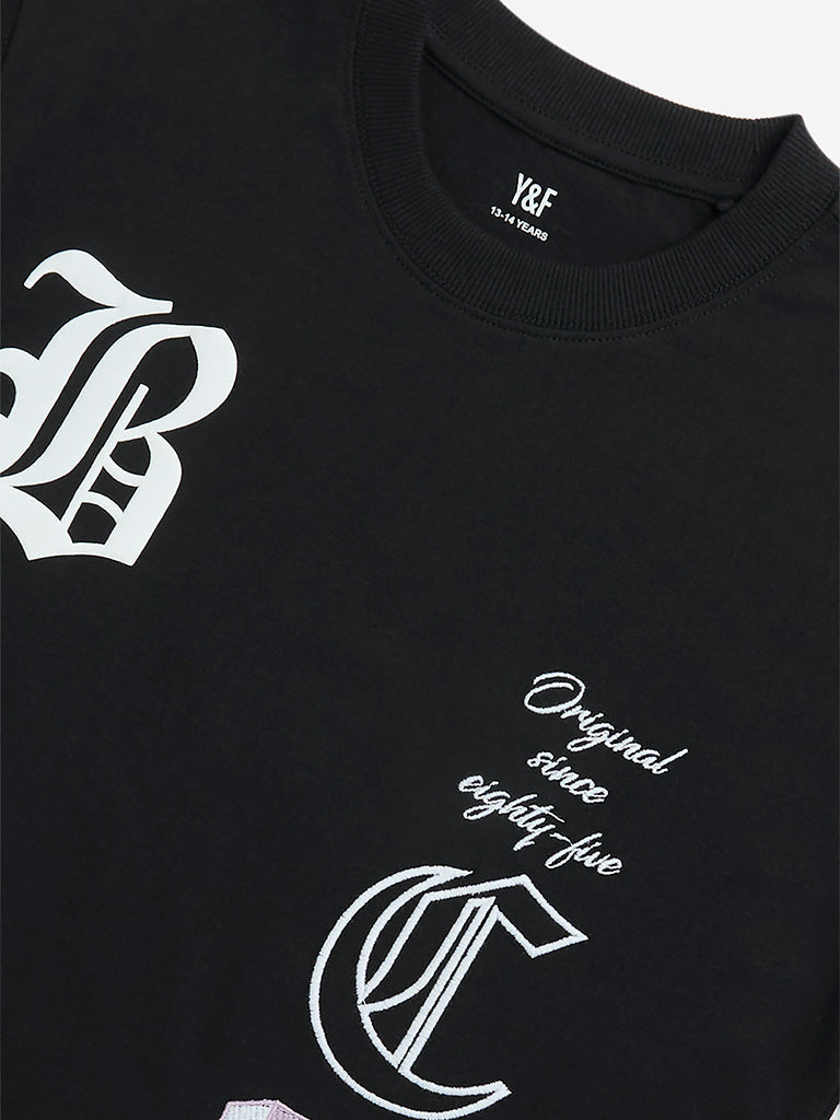 Y&F Kids Black Text Printed Cotton T-Shirt