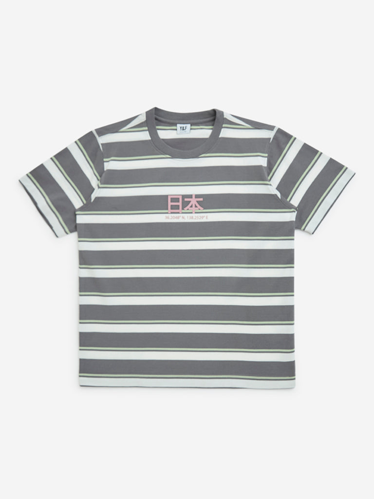 Y&F Kids Grey Stripe Printed Cotton-Blend T-Shirt