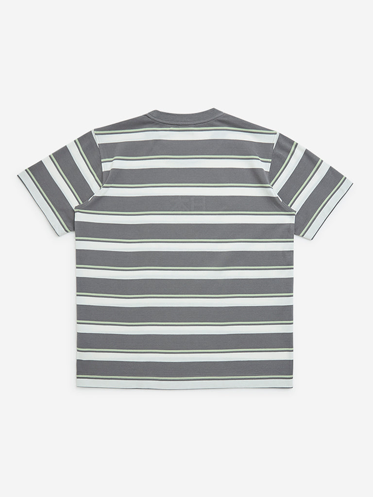 Y&F Kids Grey Stripe Printed Cotton-Blend T-Shirt