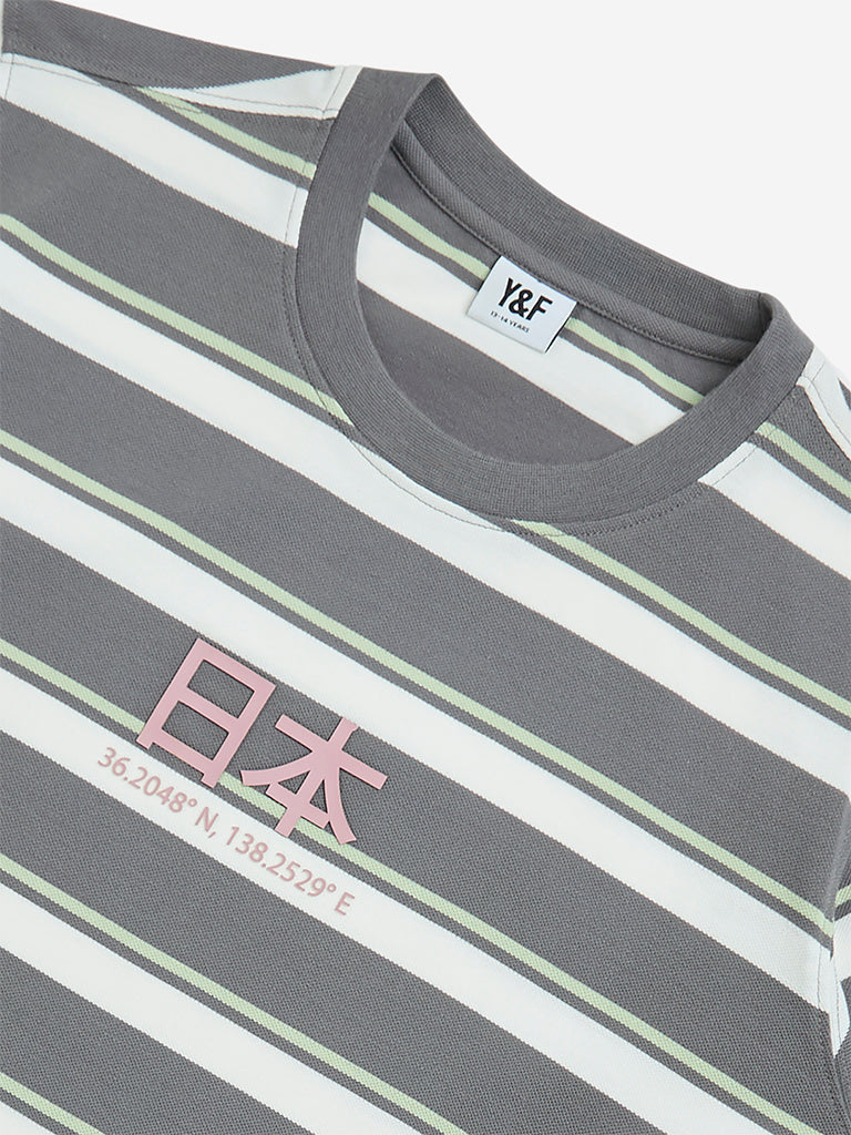 Y&F Kids Grey Stripe Printed Cotton-Blend T-Shirt
