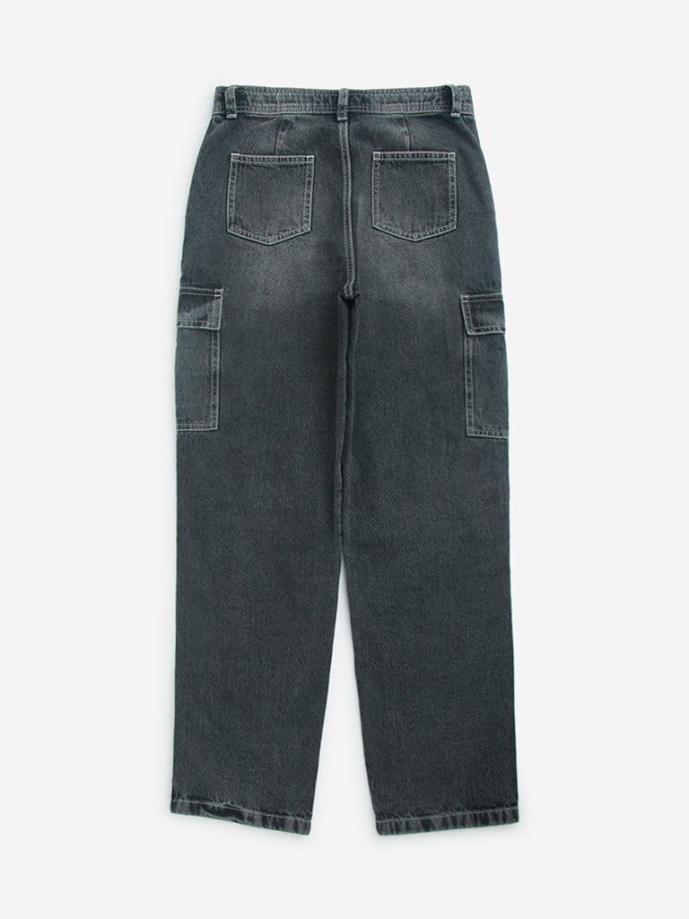 Y&F Kids Grey Washed Straight-Fit High-Rise Jeans