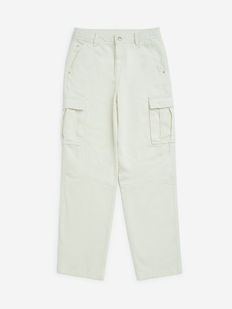 Y&F Kids Off-White Washed Straight-Fit High-Rise Jeans