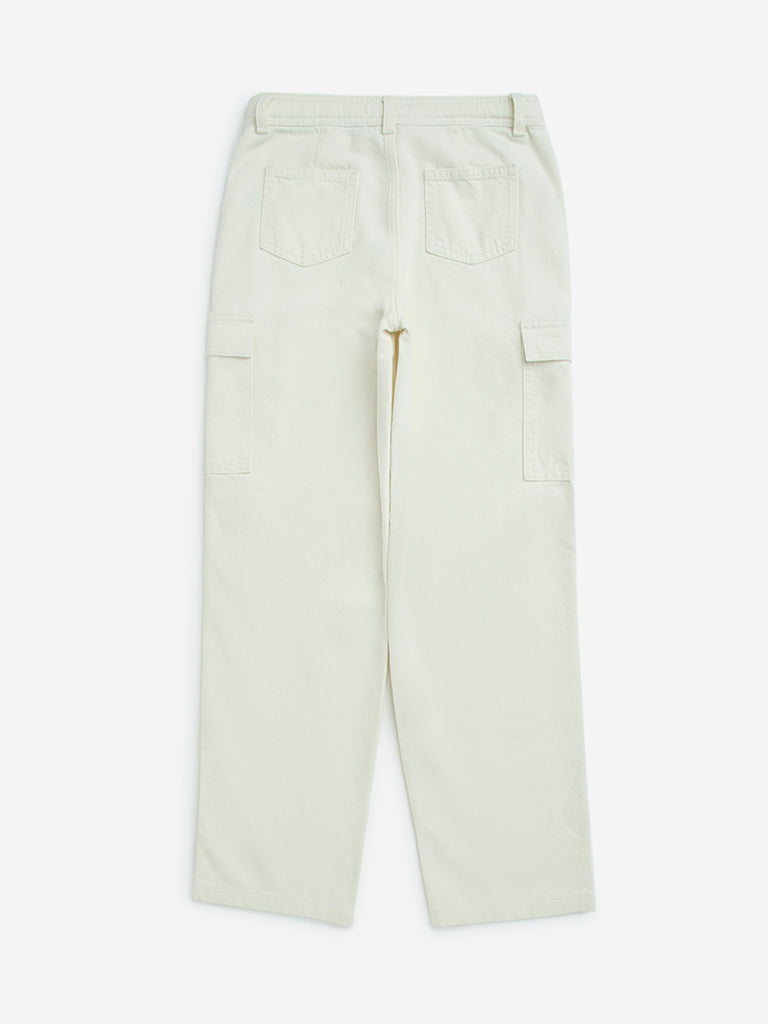 Y&F Kids Off-White Washed Straight-Fit High-Rise Jeans