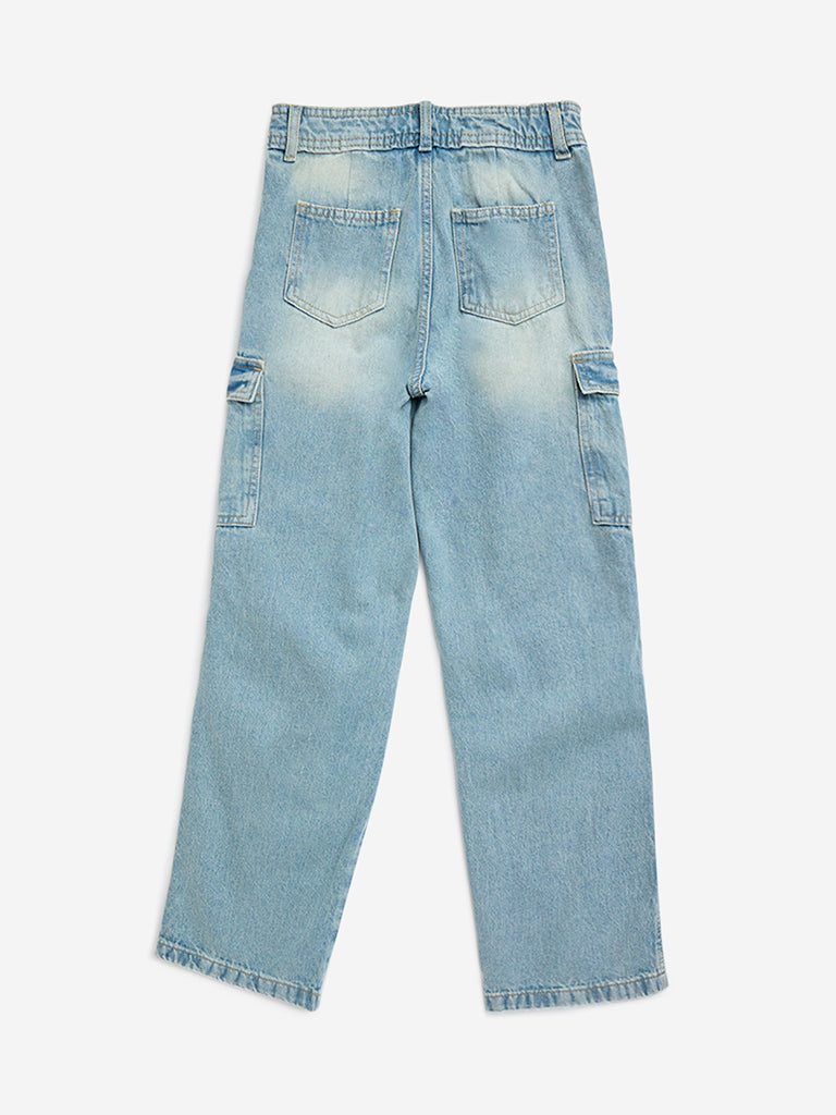 Y&F Kids Light Blue Cargo-Style Straight-Fit Mid-Rise Jeans