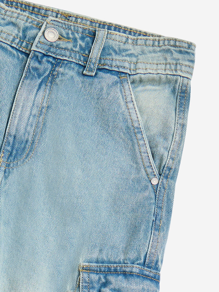 Y&F Kids Light Blue Cargo-Style Straight-Fit Mid-Rise Jeans