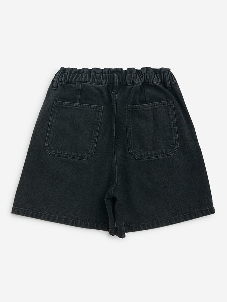Y&F Kids Black Ruffle Design High-Rise Denim Shorts