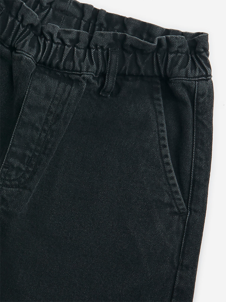 Y&F Kids Black Ruffle Design High-Rise Denim Shorts