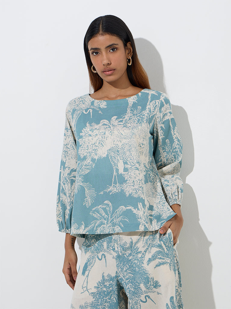 Utsa Dusty Blue Nature-Themed Ethnic Cotton-Blend Top