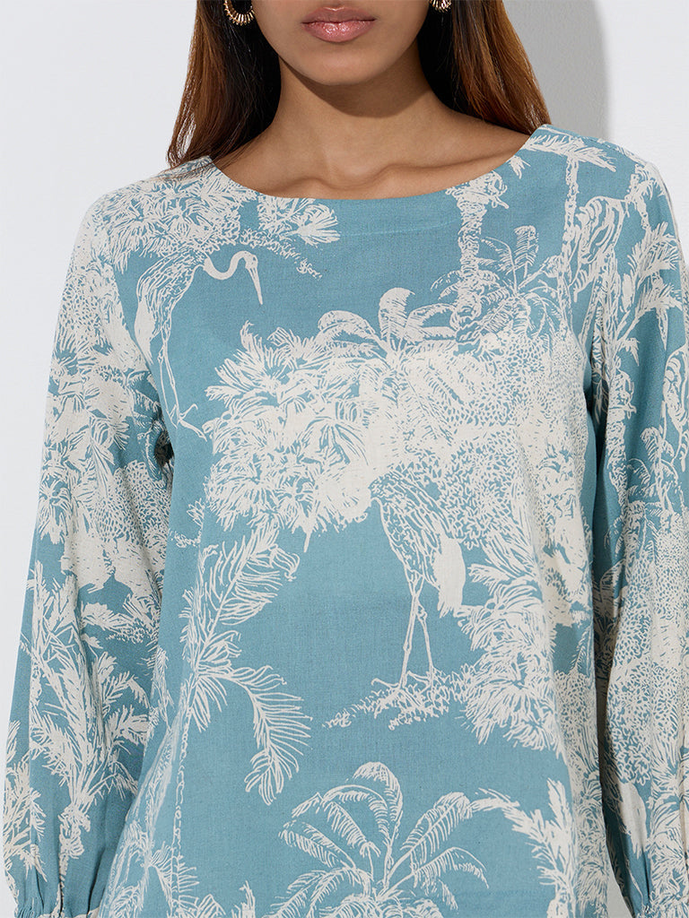 Utsa Dusty Blue Nature-Themed Ethnic Cotton-Blend Top
