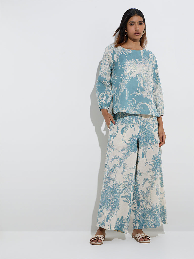 Utsa Dusty Blue Nature-Themed Ethnic Cotton-Blend Top