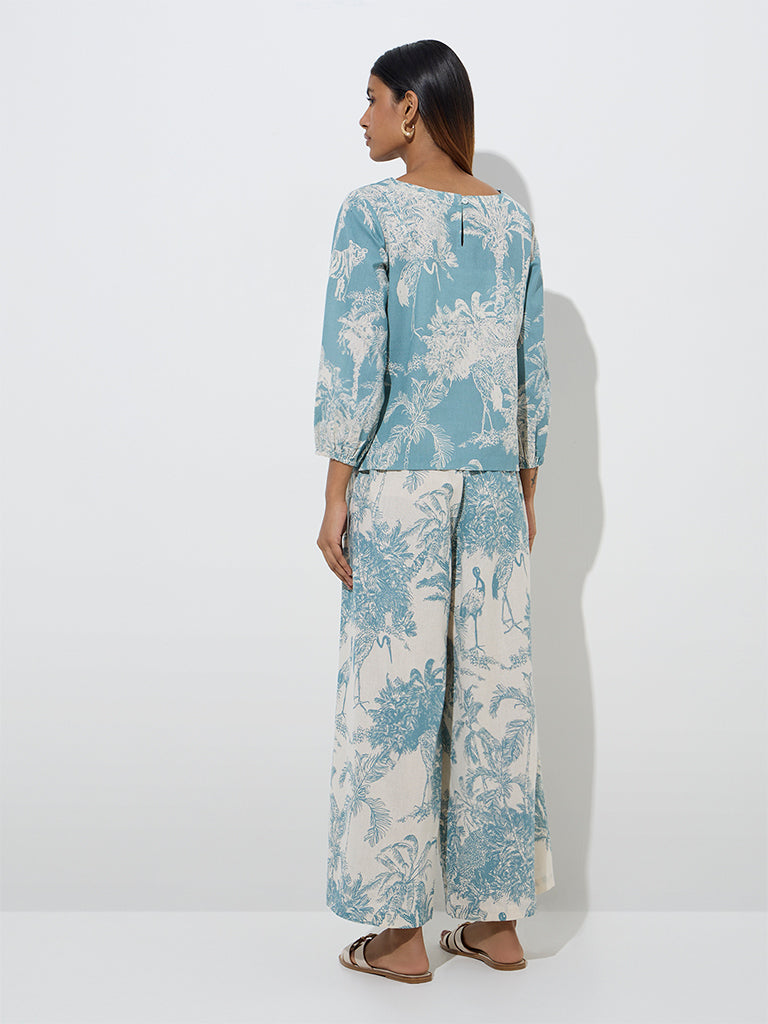 Utsa Dusty Blue Nature-Themed Ethnic Cotton-Blend Top