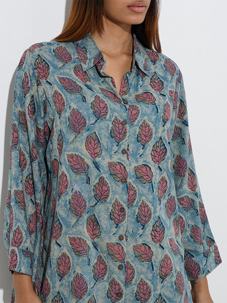 Utsa Blue Leaf Patterned Ethnic Tunic