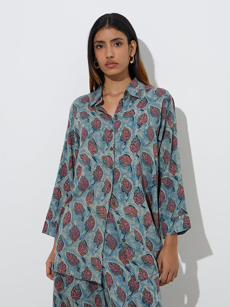 Utsa Blue Leaf Patterned Ethnic Tunic