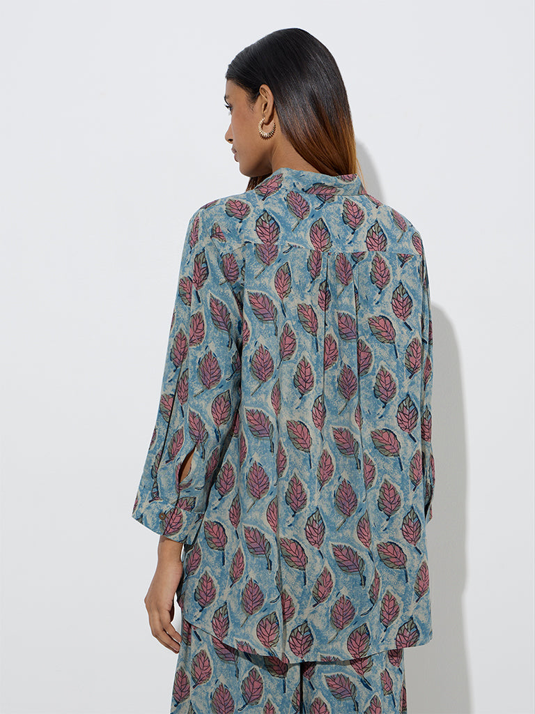 Utsa Blue Leaf Patterned Ethnic Tunic