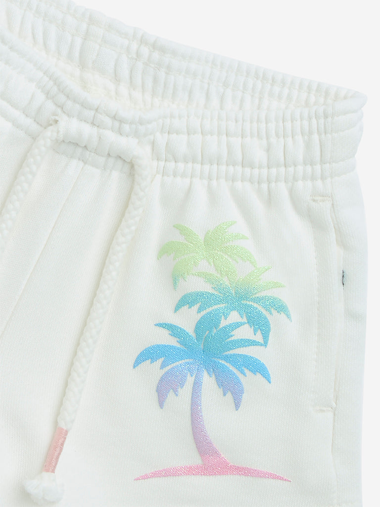 HOP Kids White Tropical Printed High-Rise Cotton Shorts