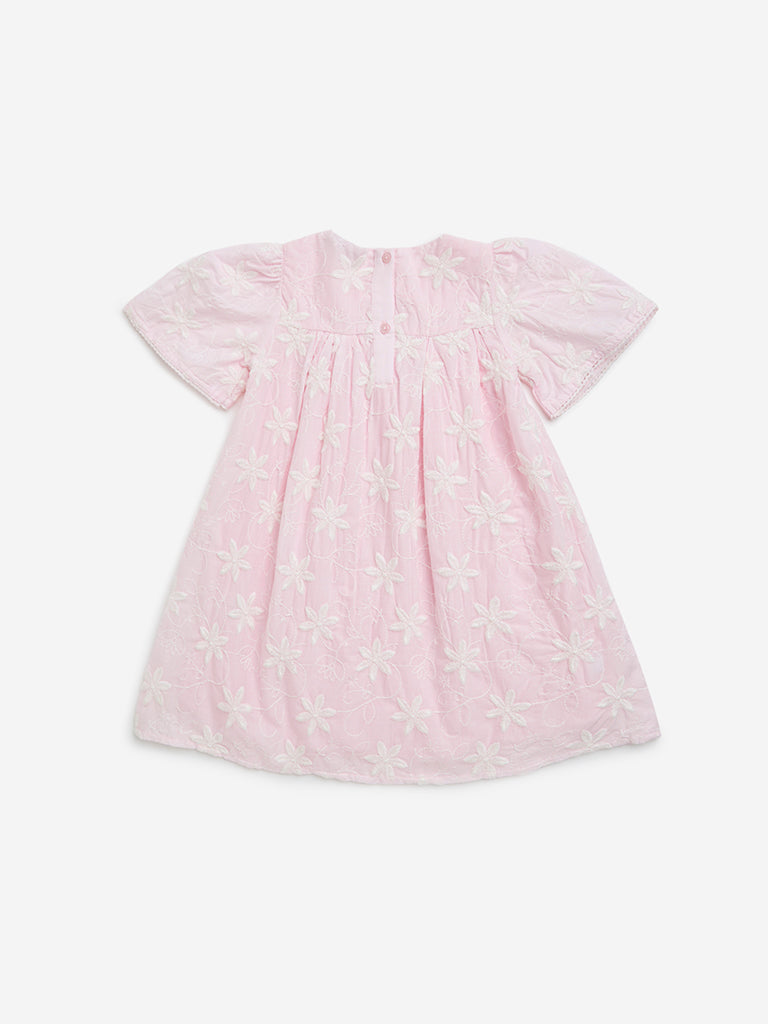 HOP Kids Light Pink Floral Embroidered Cotton A-Line Dress