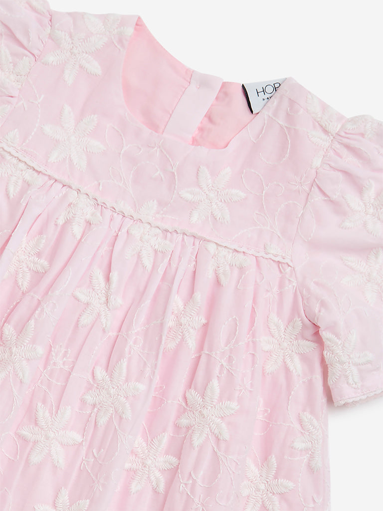 HOP Kids Light Pink Floral Embroidered Cotton A-Line Dress