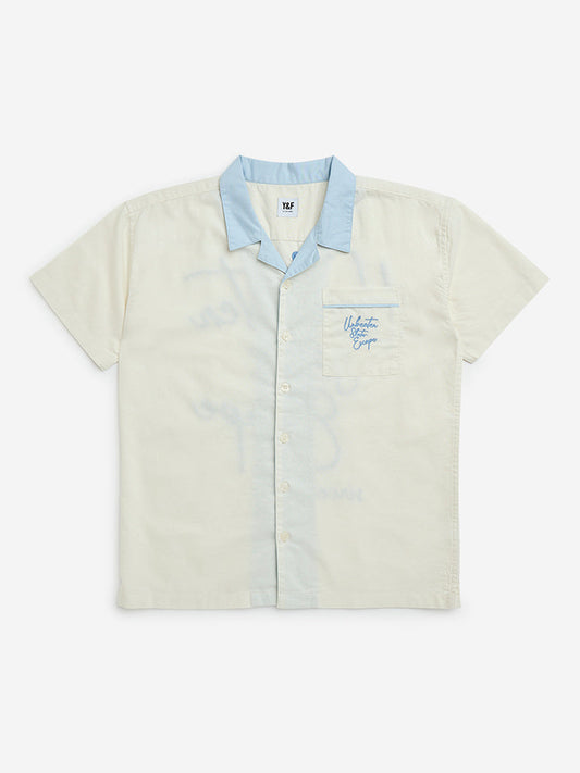 Y&F Kids Off-White Text Embroidered Design Cotton Shirt