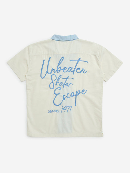 Y&F Kids Off-White Text Embroidered Design Cotton Shirt