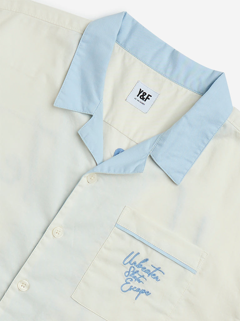 Y&F Kids Off-White Text Embroidered Design Cotton Shirt