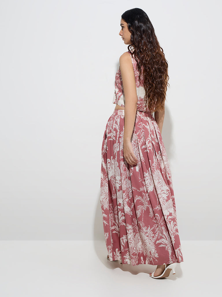 Utsa Off-White Botanical-Printed High-Rise Cotton Skirt