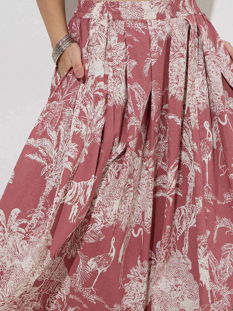 Utsa Off-White Botanical-Printed High-Rise Cotton Skirt