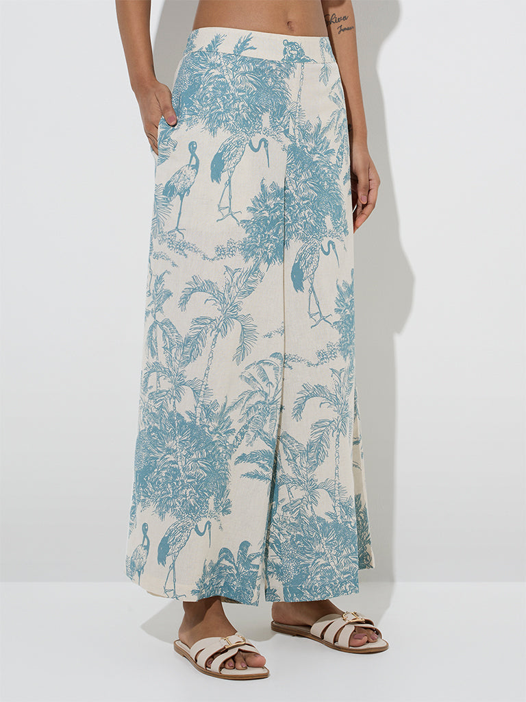 Utsa Dusty Blue Nature-Themed Cotton-Blend Palazzos
