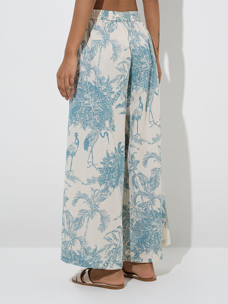 Utsa Dusty Blue Nature-Themed Cotton-Blend Palazzos