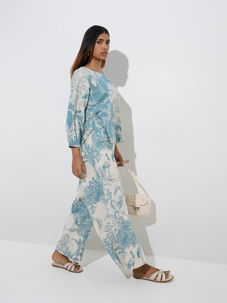 Utsa Dusty Blue Nature-Themed Cotton-Blend Palazzos