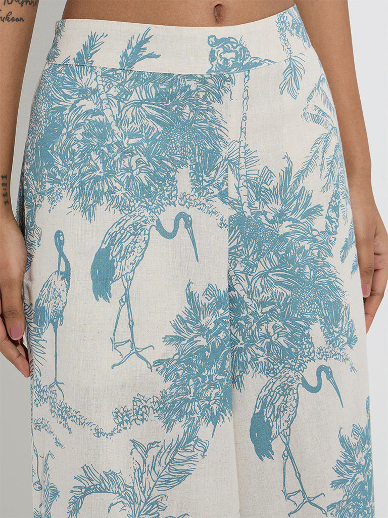 Utsa Dusty Blue Nature-Themed Cotton-Blend Palazzos