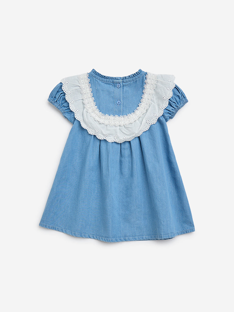 HOP Baby Blue Floral Design Denim A-Line Dress