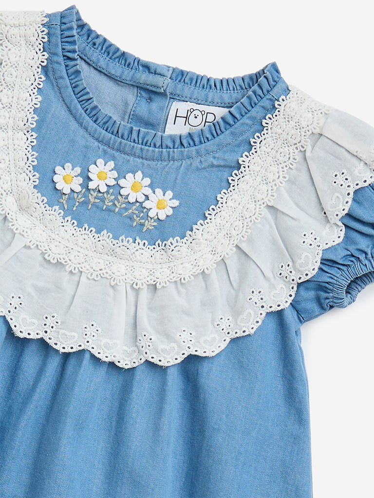 HOP Baby Blue Floral Design Denim A-Line Dress