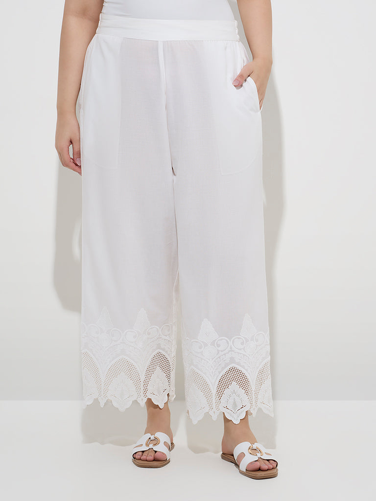 Diza White Floral Lace-Detailed Cotton Ethnic Pants