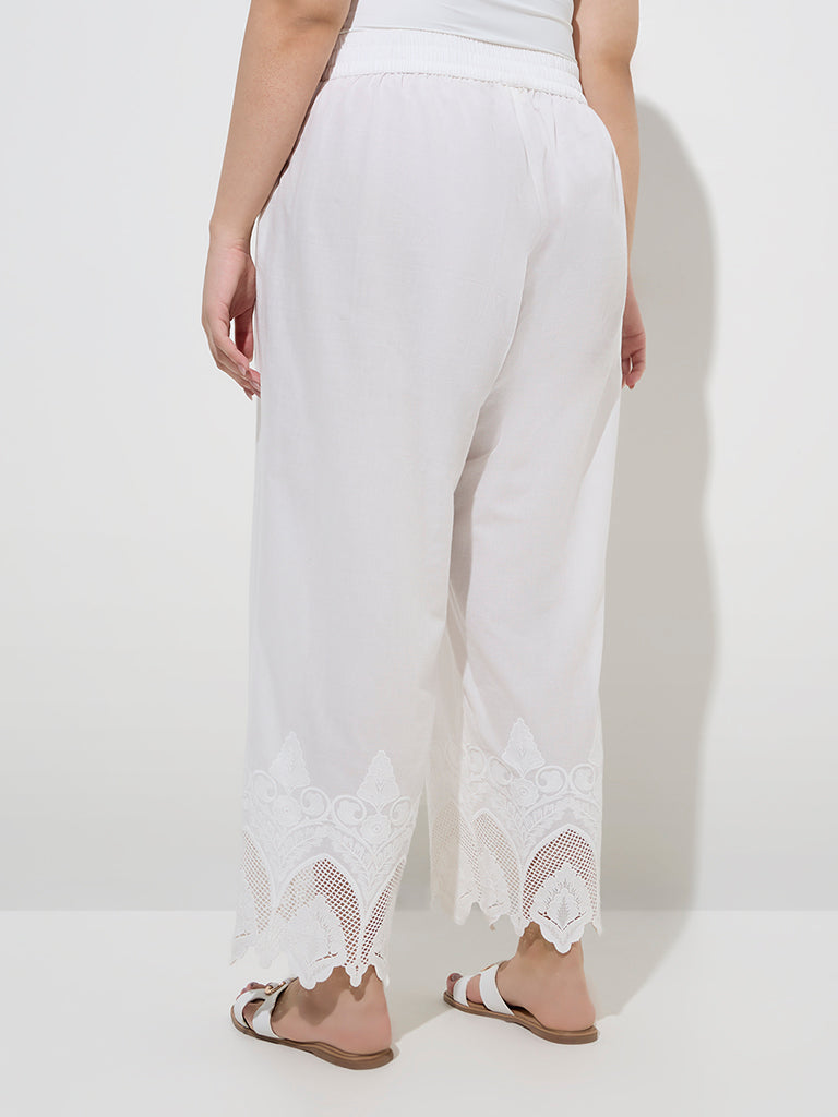 Diza White Floral Lace-Detailed Cotton Ethnic Pants