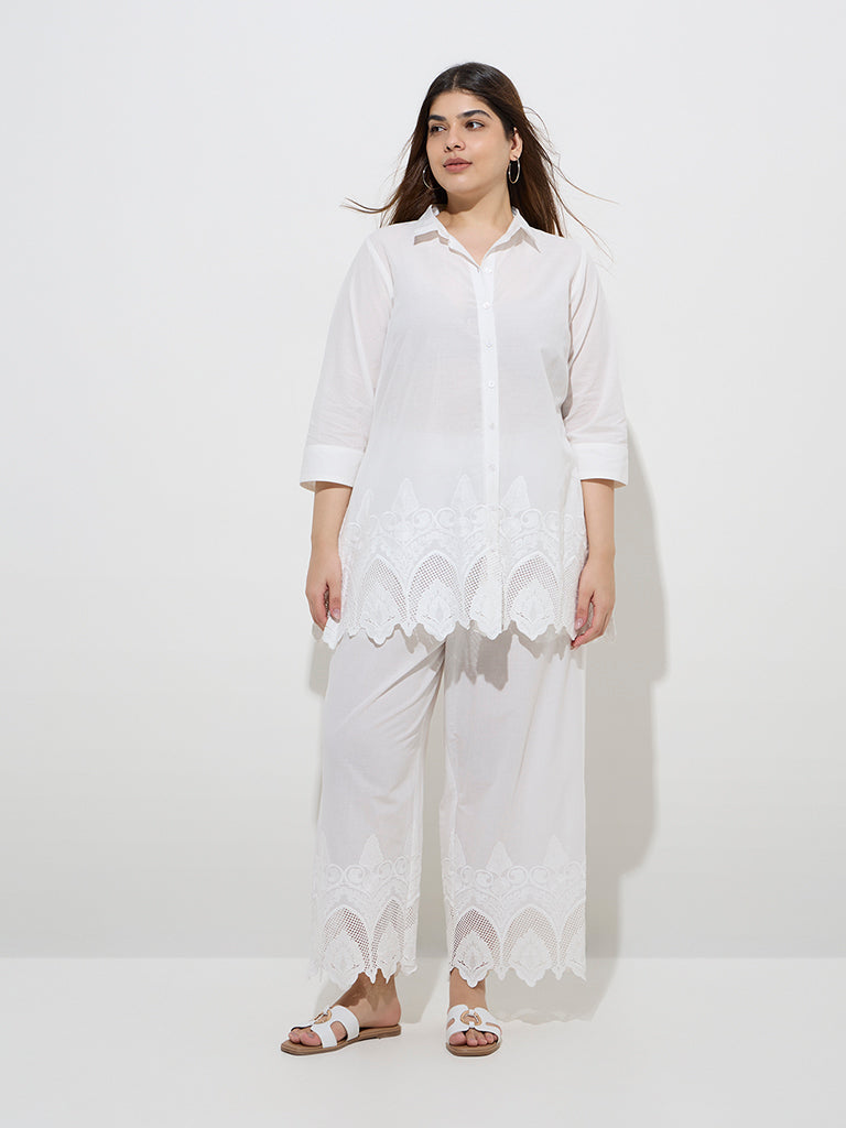 Diza White Floral Lace-Detailed Cotton Ethnic Pants