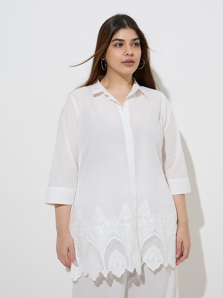 Diza White Floral Lace Detailed Cotton Ethnic Tunic