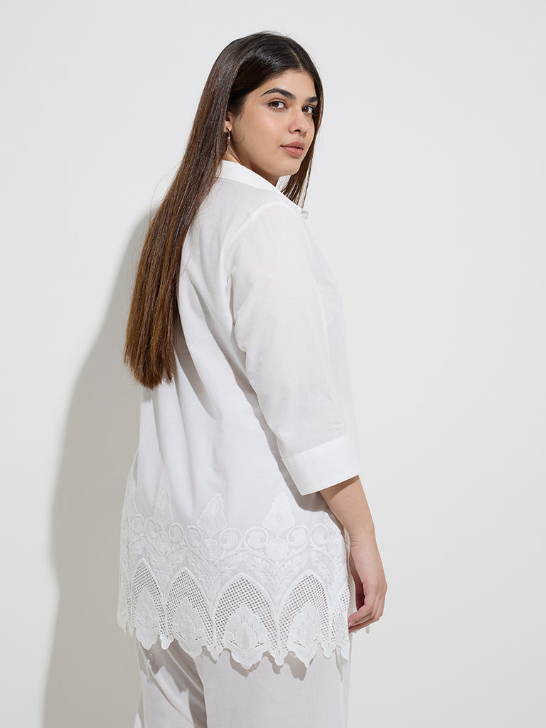 Diza White Floral Lace Detailed Cotton Ethnic Tunic