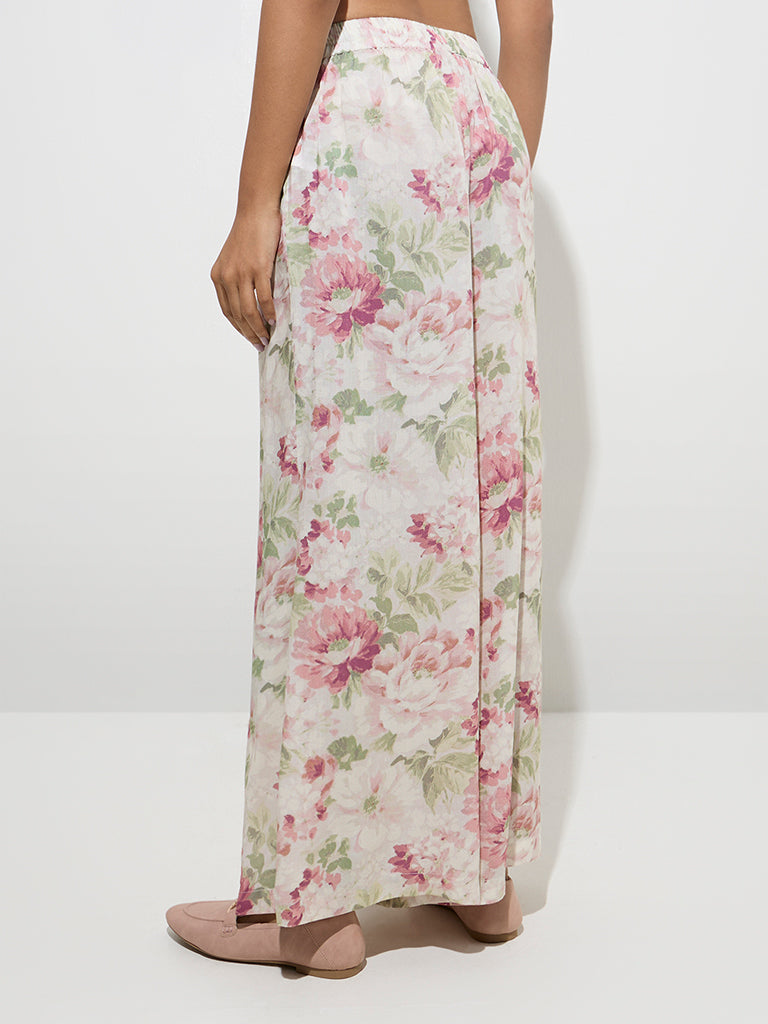 Zuba Pink Floral Pattern Mid-Rise Palazzos