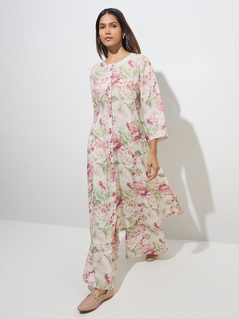 Zuba Pink Floral Pattern Mid-Rise Palazzos