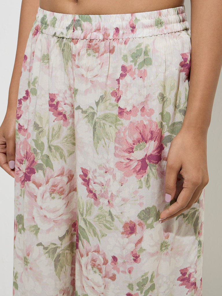 Zuba Pink Floral Pattern Mid-Rise Palazzos