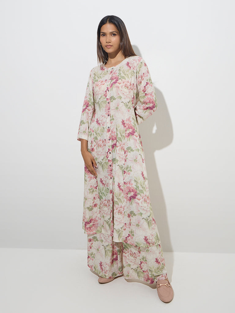 Zuba Pink Floral Design A-Line Kurta