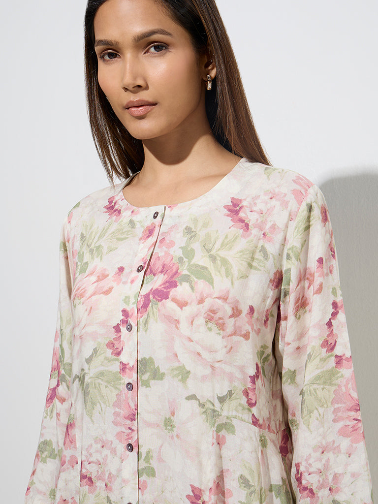 Zuba Pink Floral Design A-Line Kurta