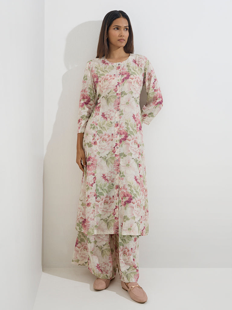 Zuba Pink Floral Design A-Line Kurta