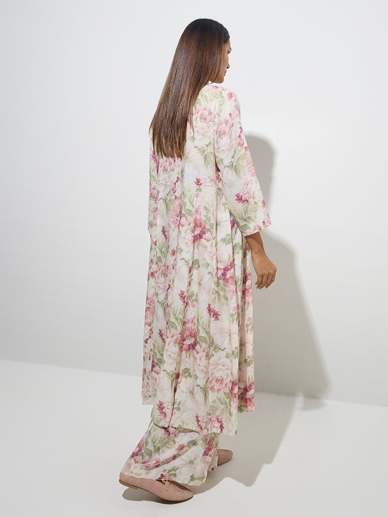 Zuba Pink Floral Design A-Line Kurta