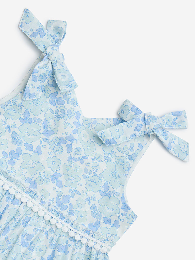 HOP Baby Light Blue Floral Design Cotton Tiered Dress